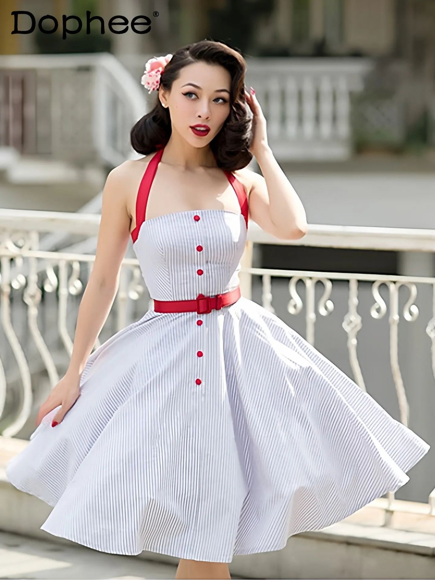 

Retro Elegant Lady Slim Slim Striped Dress 2026 Summer New French Bow Halterneck Temperament Puffy Dress