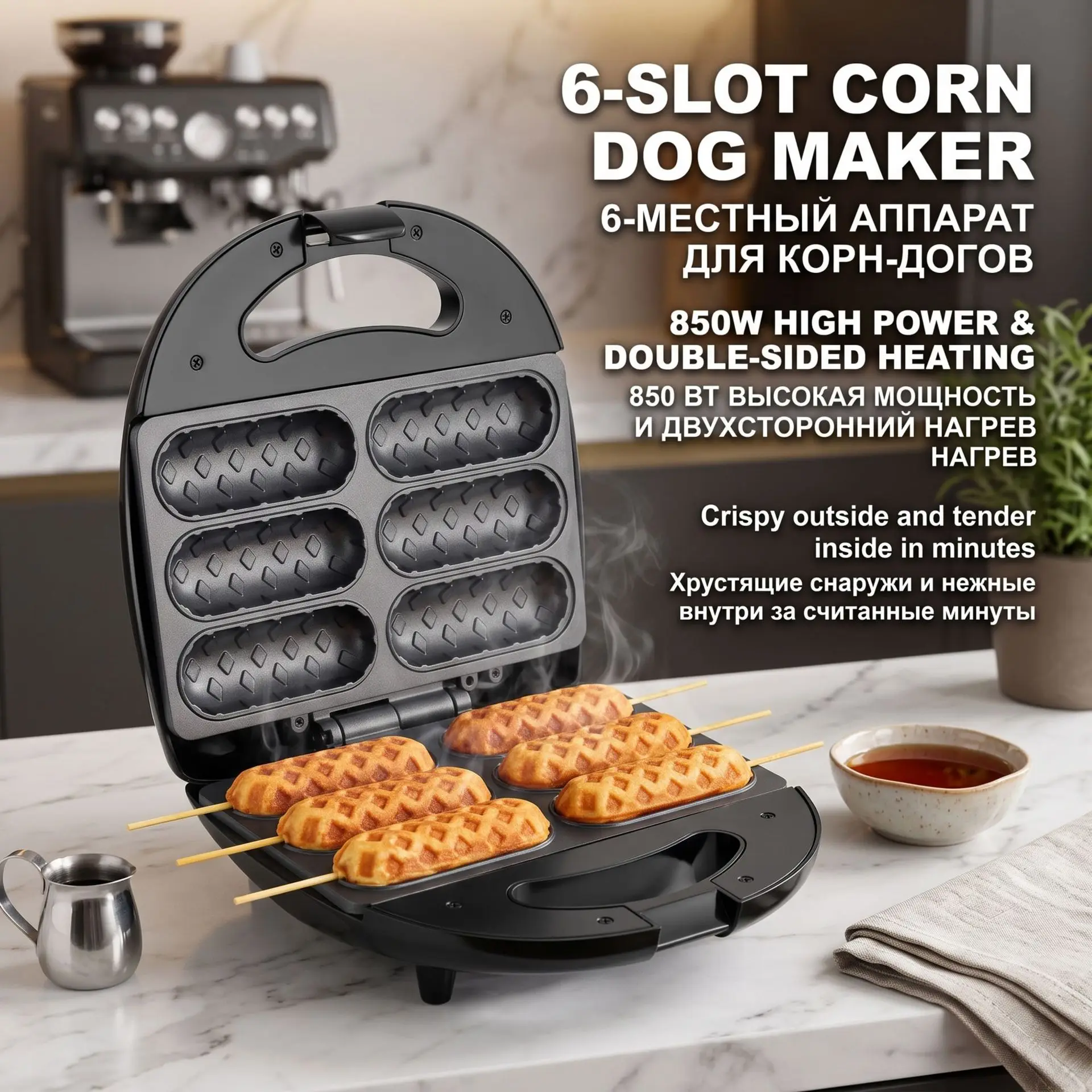 110V/220V Corn Dog Maker Sausage Machine 6 Holes Dual Sided Heating Breakfast Machine Non Stick Compact Hot Dog Machine US/EU