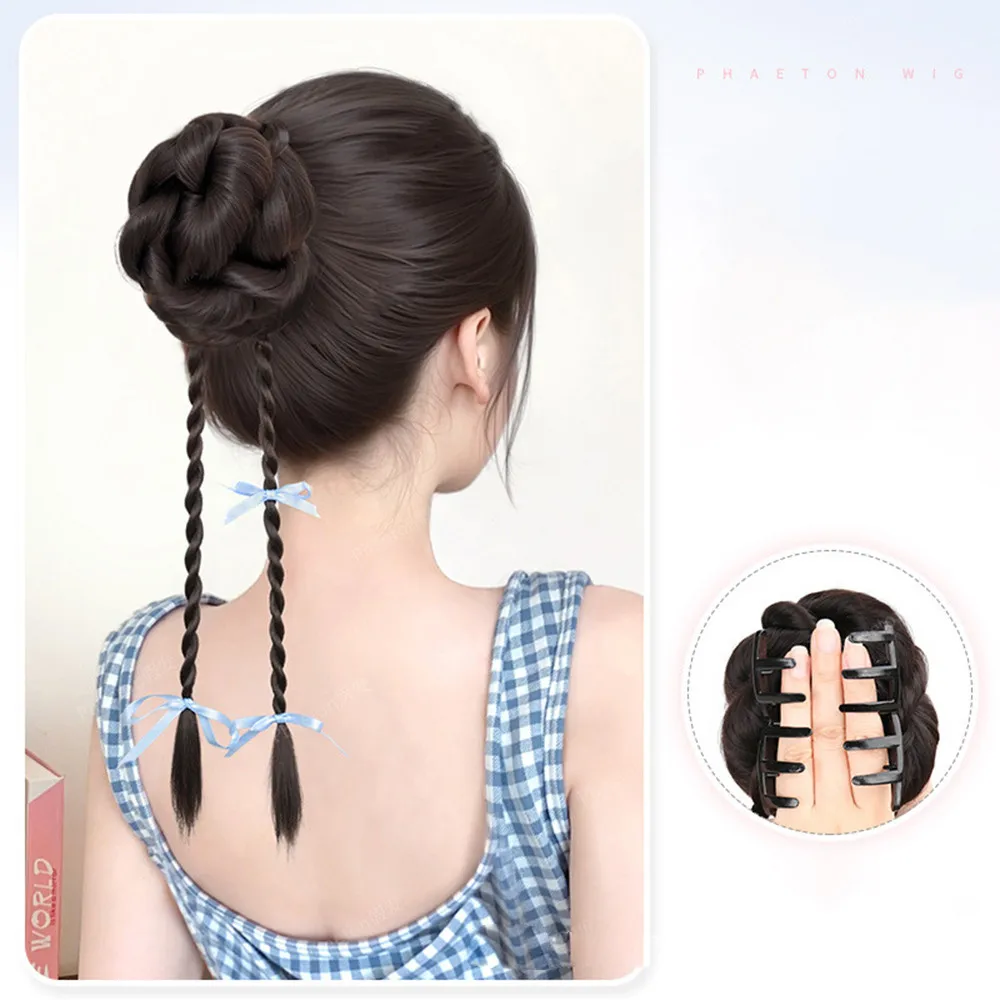 45 cm Nastro Bowknot sintetico Testa di polpette Parrucca Barba di drago Clip Ragazza Dolce Bocciolo di fiore Doppia trecce intrecciate Estensione dei capelli