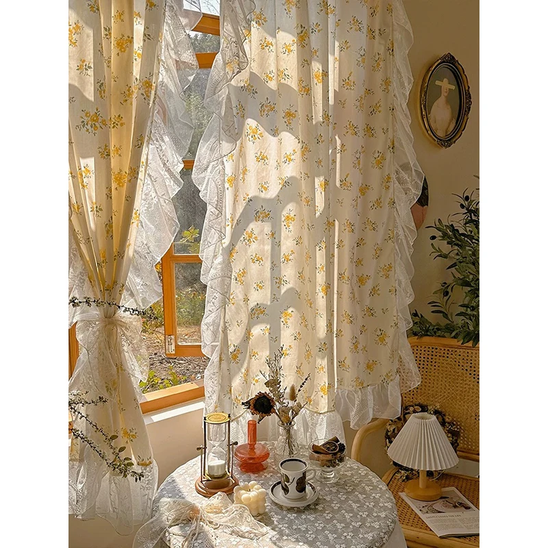 French Style Rural Flowers Pattern Curtains Cloth for Living Room Lace Warp Ruffled Floral Curtains for Bedroom Kitchen #A670