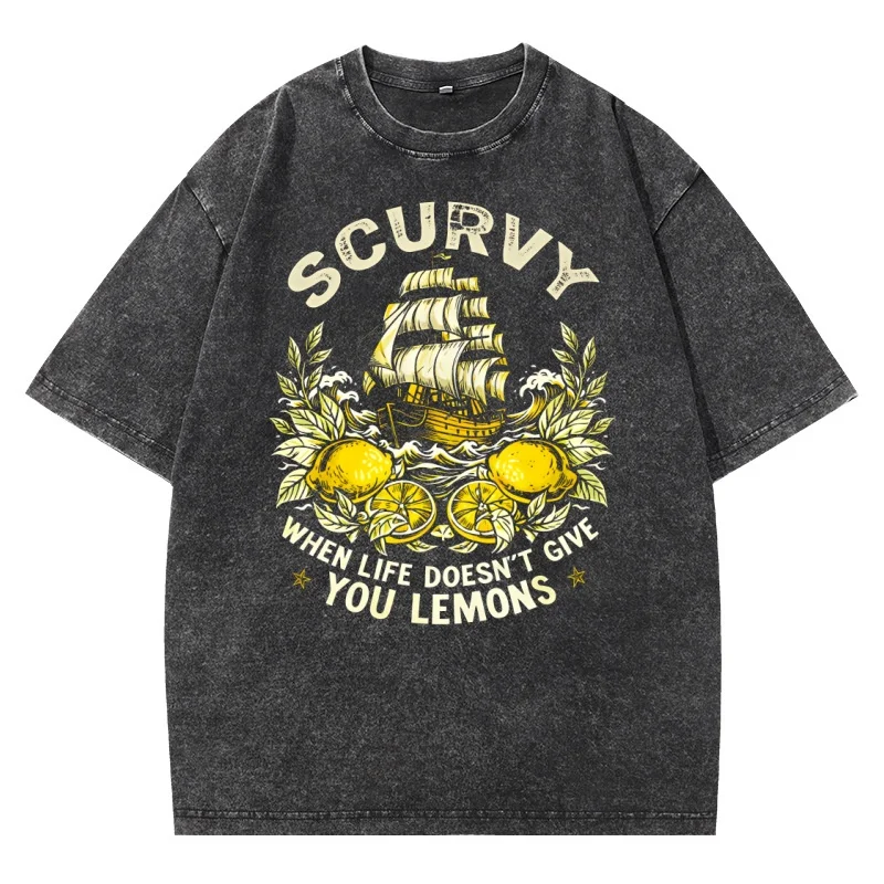 Scurvy Funny T-Shirt Nautical Lemon Tee Men Women Vintage Graphic T Shirts Casual Round Neck Printed Short Sleeve Tees Clothes