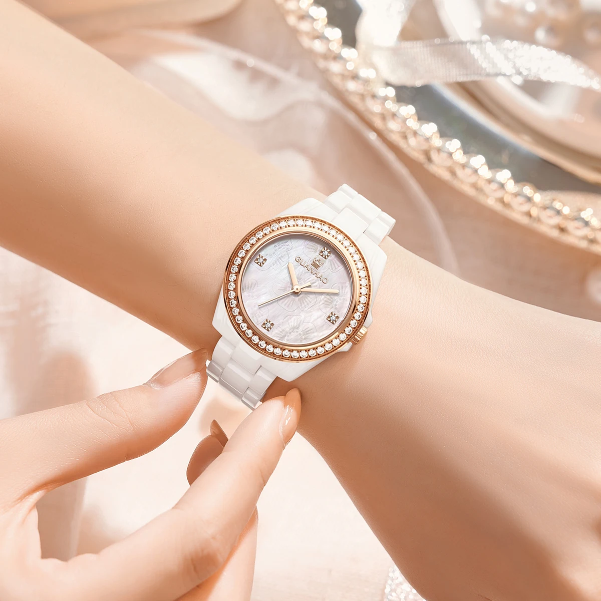 White Ceramic Women Watch With Diamond Waterproof Fashion Lady Luxury Elegant Romantic Quartz Wristwatch