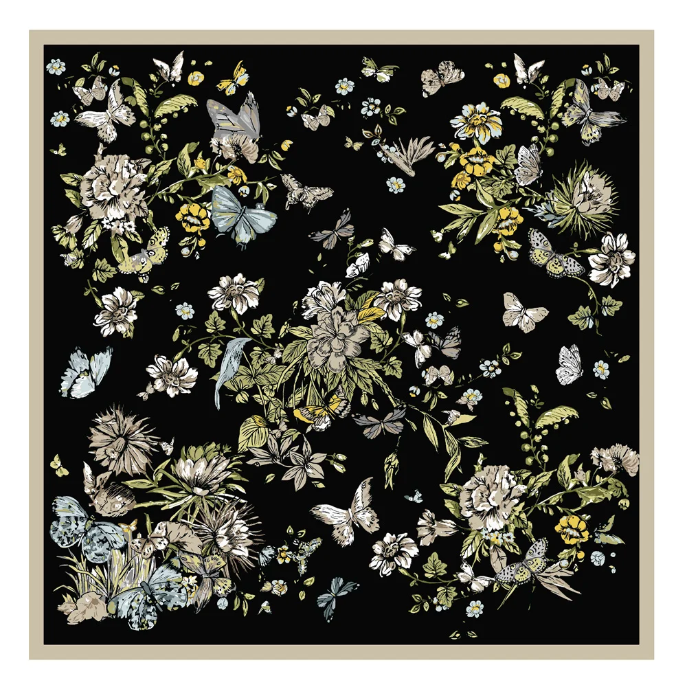 Pobing Seiden schal Frauen große Schals Blumen gedruckt Stolen quadratische Bandana Luxus Kopftuch Hijab Schal weibliche Foulards 130cm – Detail 6