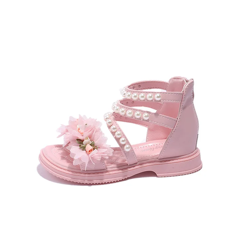 Girls\' Summer 2024 New Sandals Korean Version of Fashion Pearl Princess Shoes Big Children Style Everything with Flower Sandals