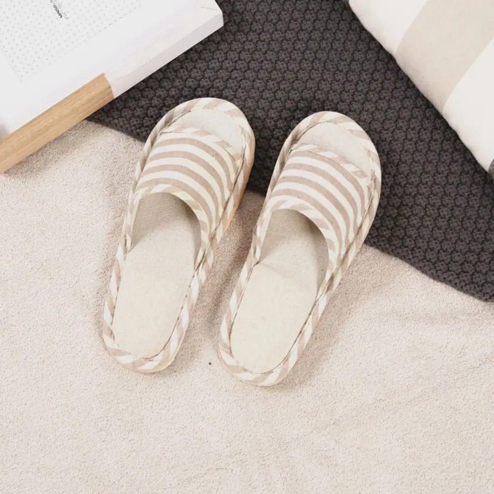 Soft Non-Slip Linen Stripe Slippers Breathable Sweat Absorption Indoor Slippers Casual Durable Homewear Shoes Bedroom