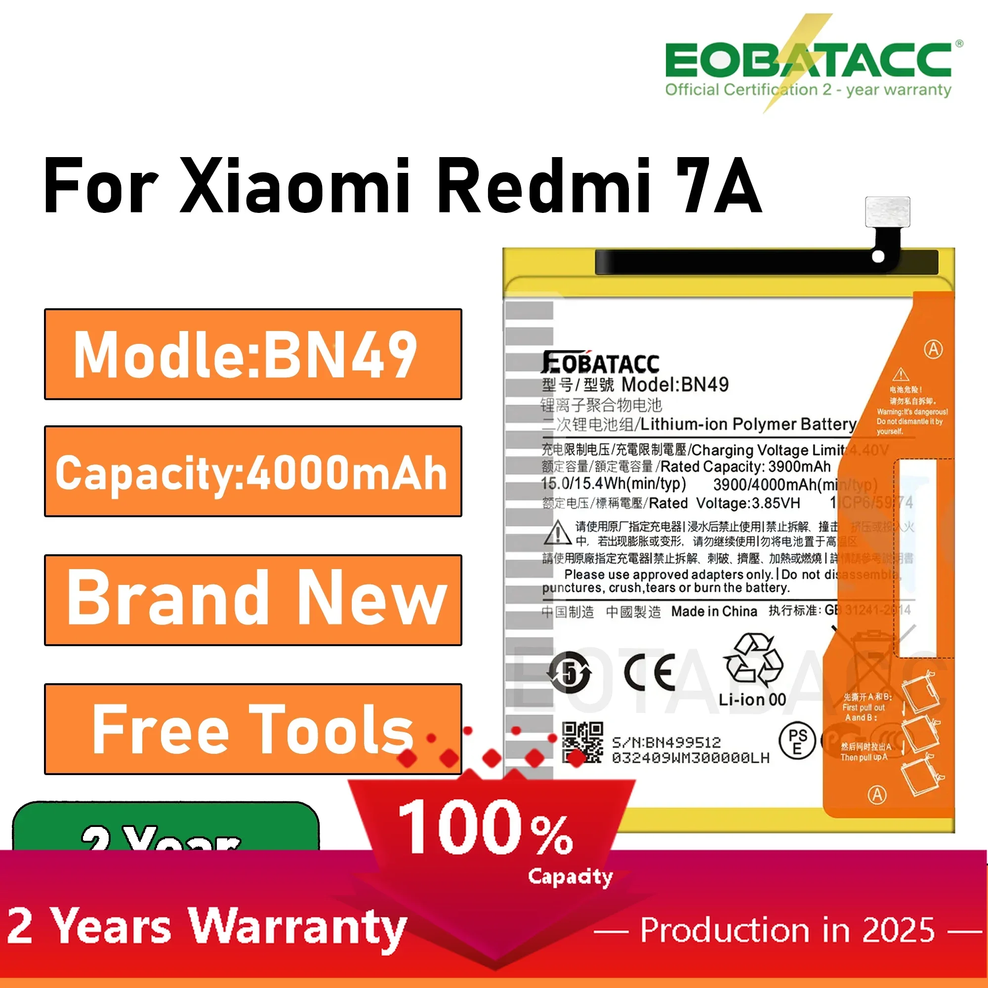

2025 Years EOBATACC 100% New Battery BN49 For Xiaomi Redmi 7A Phone Batteries 4000mAh + Free tools