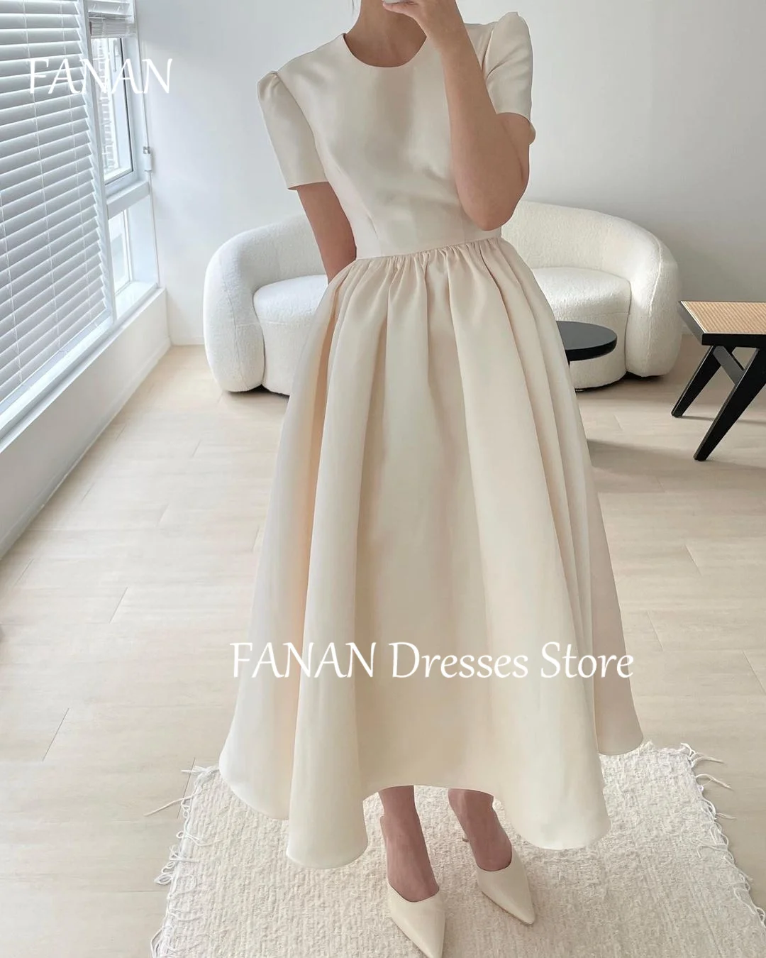 FANAN Korea A-Line O-Neck Simple Midi Wedding Dresses 웨딩드레스 Ivory Satin Tea Length Luxury Customized Bride Gowns Plus Size