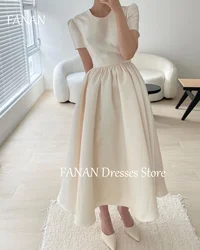 FANAN Korea A-Line O-Neck Simple Midi Wedding Dresses 웨딩드레스 Ivory Satin Tea Length Luxury Customized Bride Gowns Plus Size