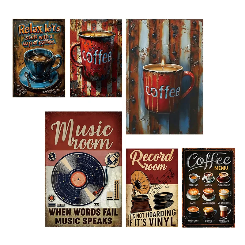 2D Flat, 2D Flat - 6pcs And Music Room Metal Sign Set, 30.48X20.32 cm 2D Flat Wall Decor, Rustproof Plaque, Vintage Vinyl Record