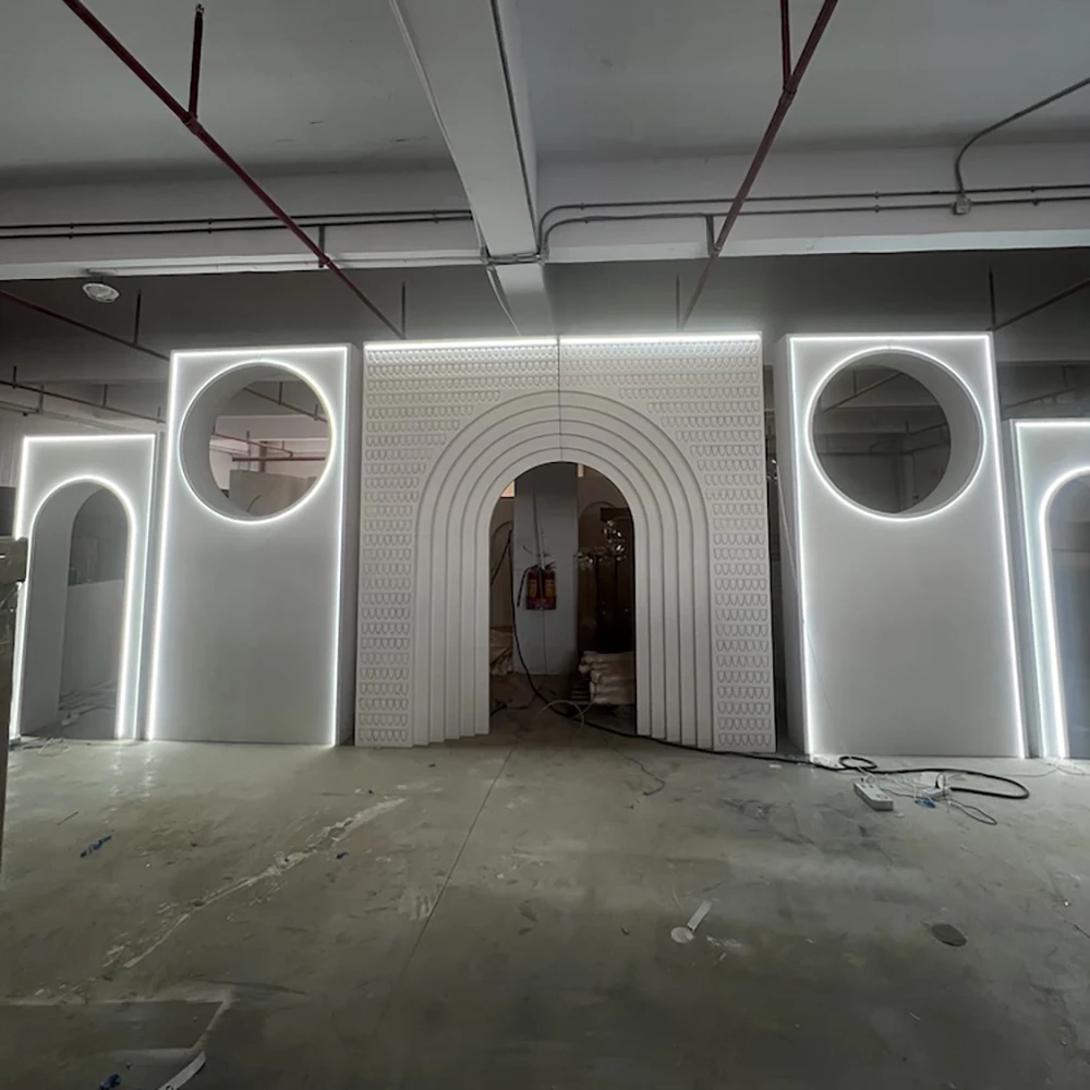 FSDKX Popular 3D White Wedding PVC Arch Ripple Backdrop with LED Light Stage Background PVC White Event Backdrop