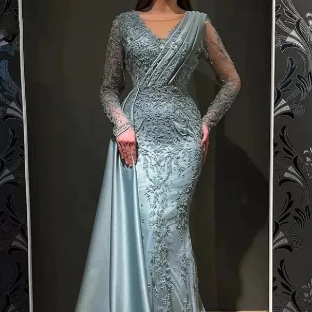 Arabic Dubai Long Sleeves Women Evening Dresses Mermaid V Neck Overskirts Ruched Satin Formal Occasion Party Gowns Lace Dress