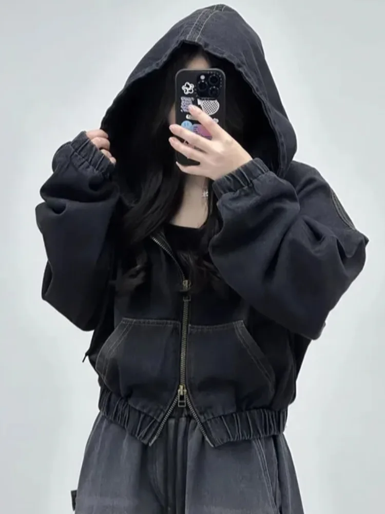 

Women's Chic ort Denim Jaet with Waist-Cinching Double Zipper Design Long Sve Outerwear Top Korean Sle Hoodie