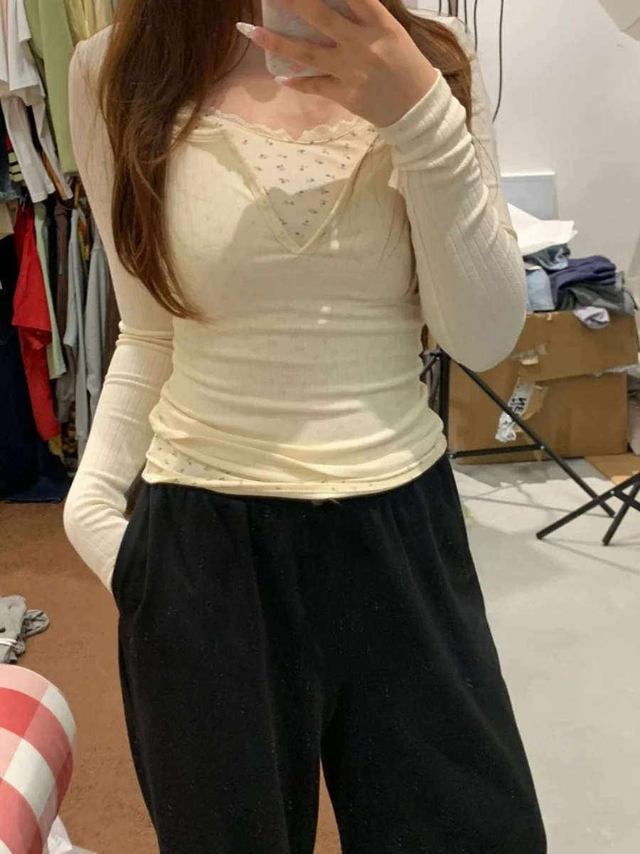 Lace Floral Print Illusion Two-Piece Base irt Women's Spring Autumn Tight Long Sve T-irt Korean Sle Slim Fit