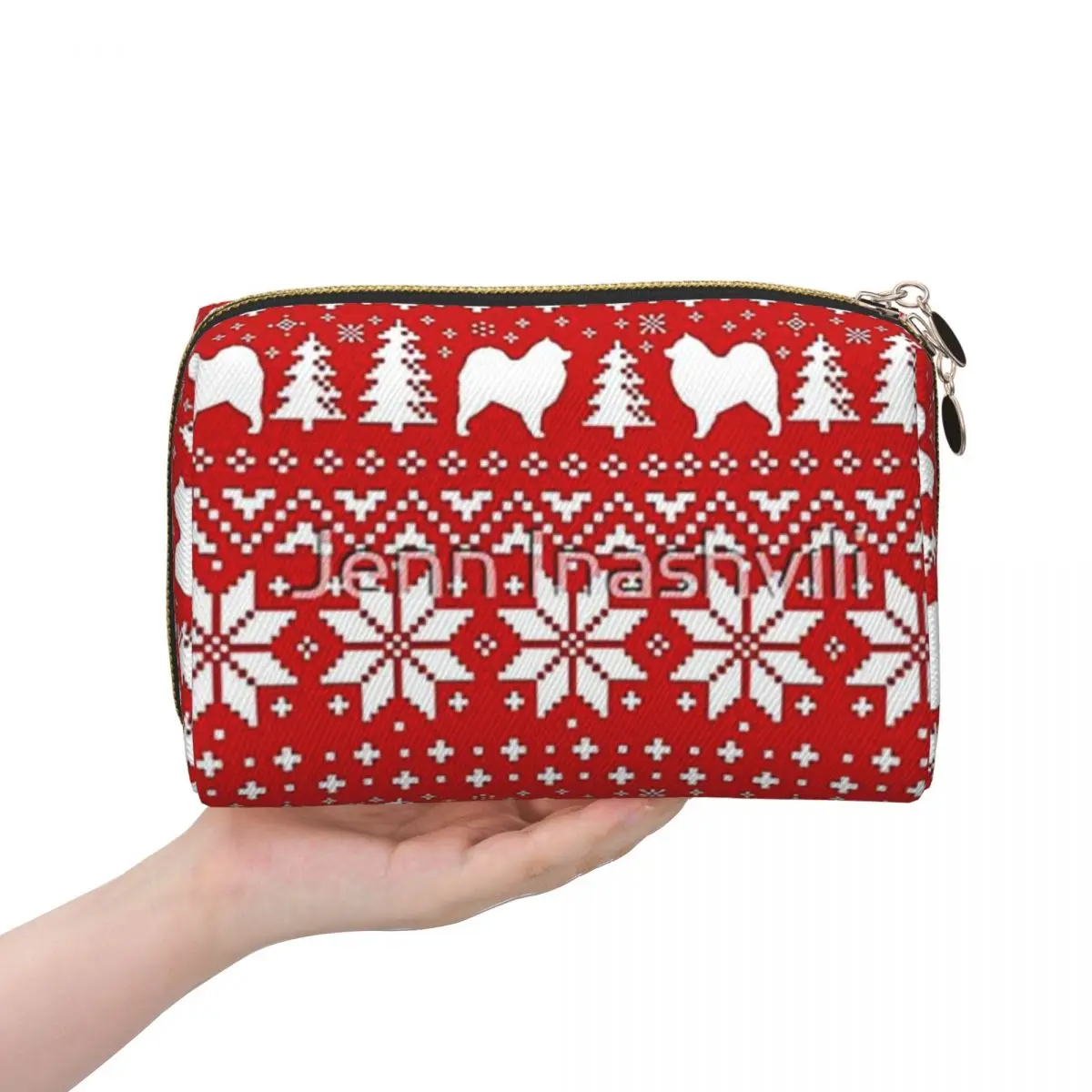 Samoyed Dog Silhouettes Red And White Christmas Holiday Pattern Women Cosmetic Bags Travel Makeup Organizer Pouch Toiletry