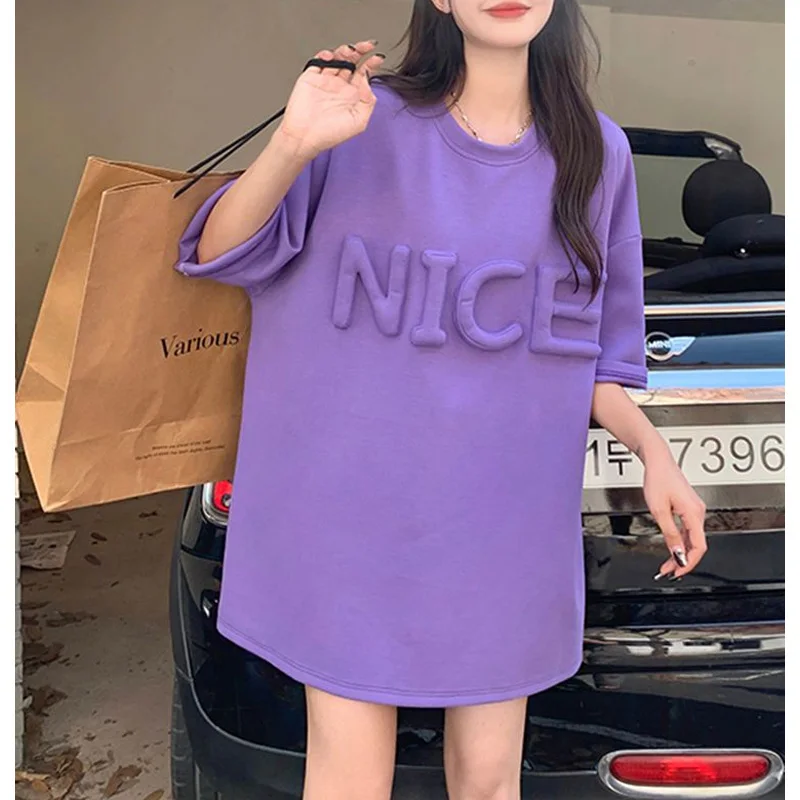 

2023 Summer Fashion Trend Simple Round Neck Three-dimensional Letter Loose Casual Solid Color Versatile Oversize Large T-shirt