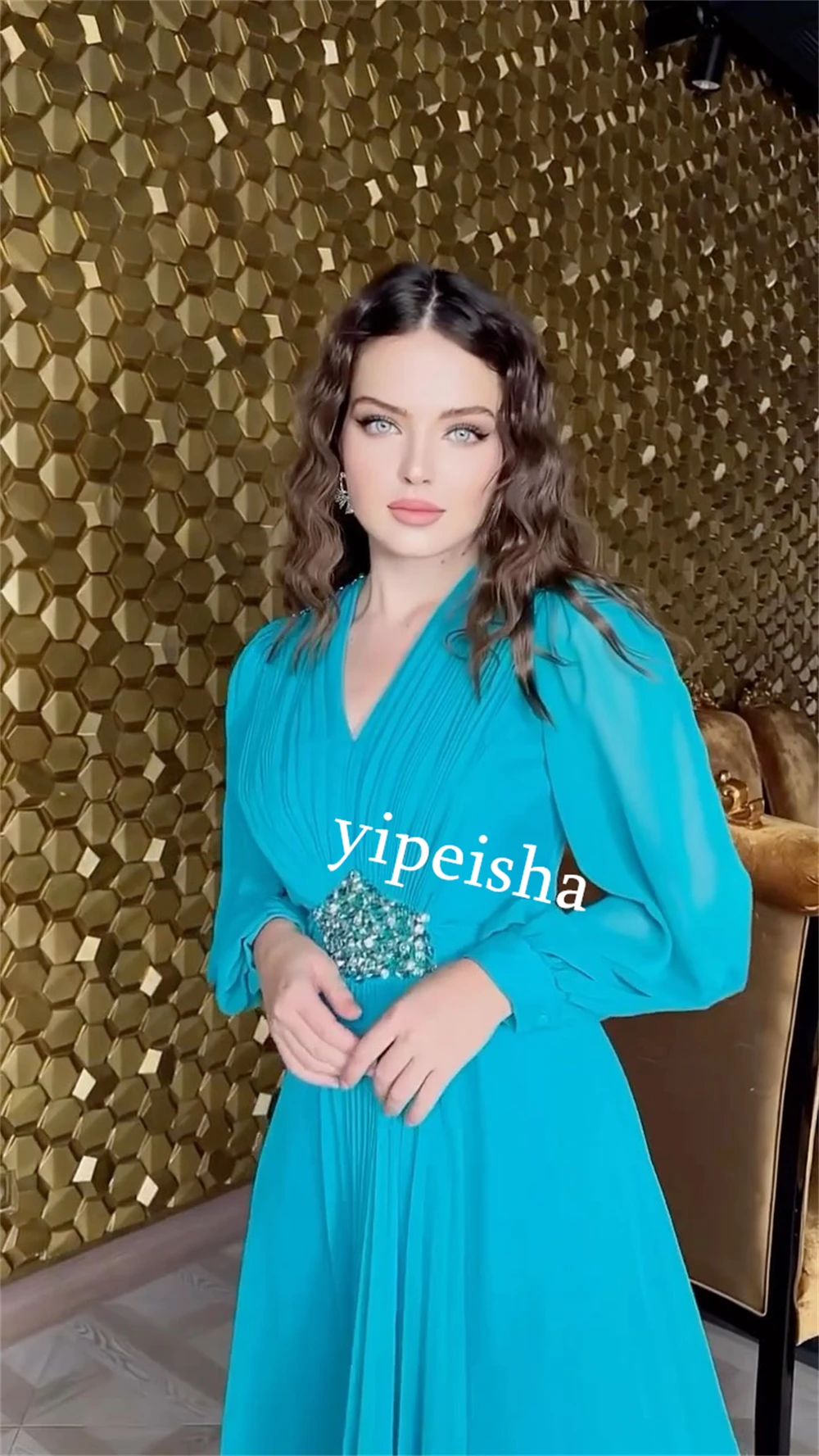 Vestido de fiesta personalizado Jiayigong de gasa con lentejuelas, corte en A, cuello en V, vestido para ocasión a medida, vestidos por debajo de la rodilla de Arabia Saudita