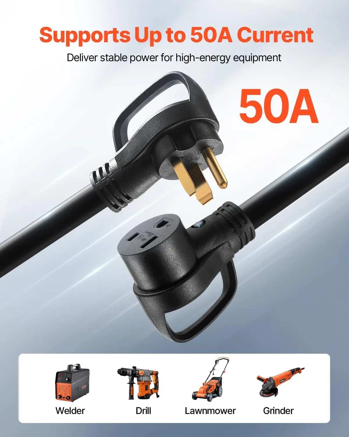 50 Amp Generator Extension Cord 50 Feet, 250V 12500W Heavy Duty Power Cable, NEMA 6-50P to 6-50R SWT 6 AWG Welder Extension Cord