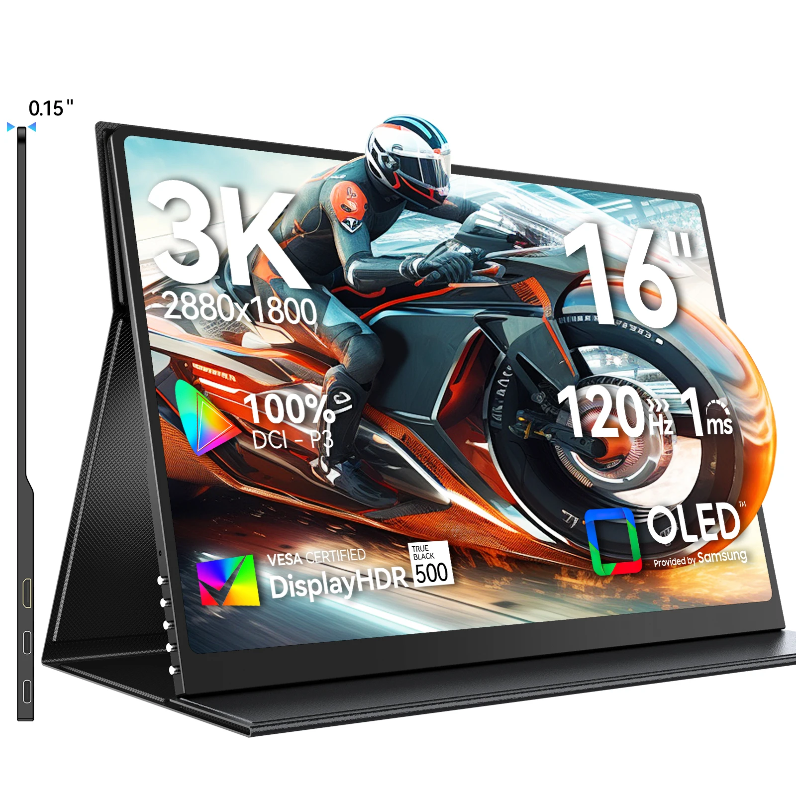 16inch OLED Portable Monitor 2880*1800 120Hz Gaming Display 500Nits 100% DCI-P3 External Screen with mini HDMI for laptop