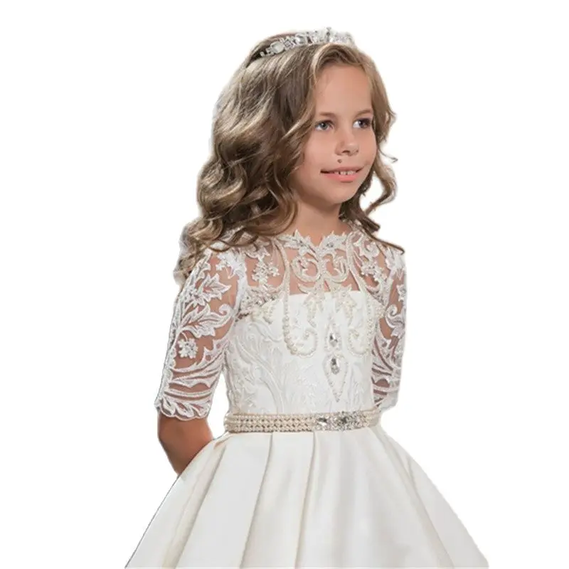 White Ivory Flower Girl Dresses For Wedding Custom Made Pageant Dress Long Sleeves and Appliques Satin New Arrival Hot