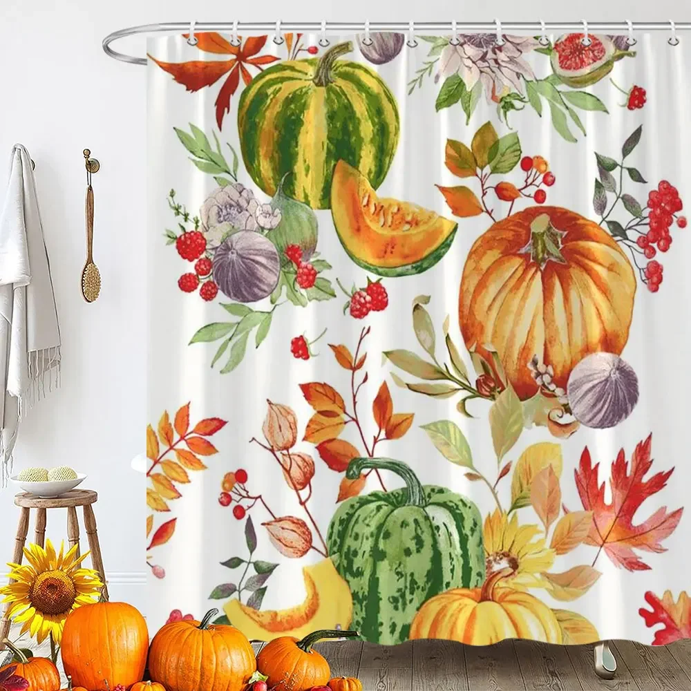 Fall Pumpkin Decor Art Shower Curtain Farmhouse Autumn Leaves Thanksgiving Day Washable Fabric Shower Curtain for Bathroom Decor