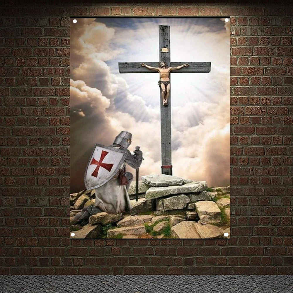 

Ancient Military Art Banners Flags, Mounted Templar Charging Into Battle Poster Canvas Painting, Knights Templar Wall Hanging A1