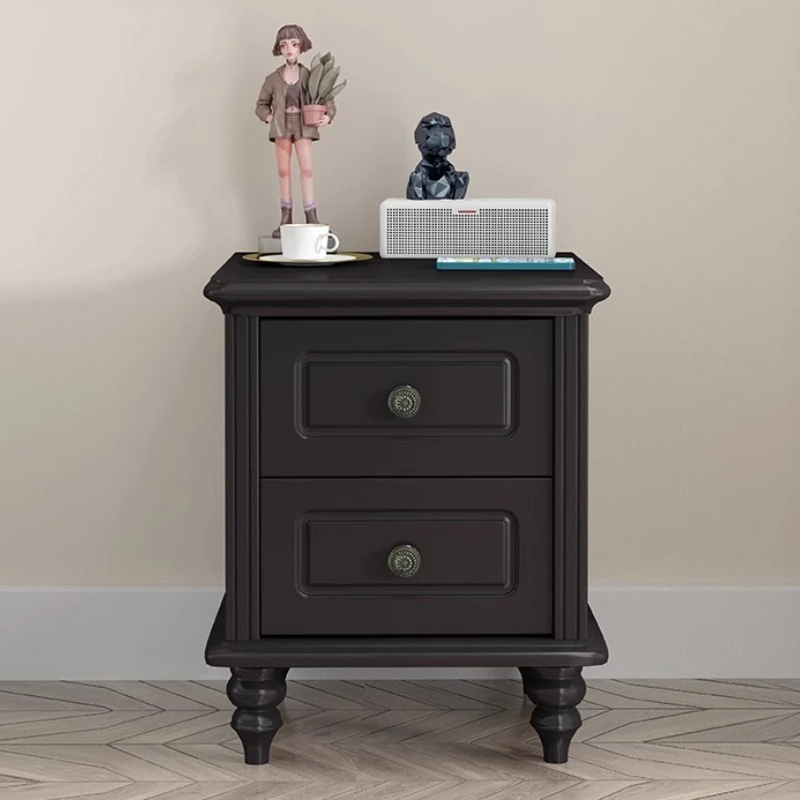 Vintage Solid Wood Nightstand Black Bedside Table for Small Spaces Narrow Storage Cabinet Retro Bedside Organizer with Drawer