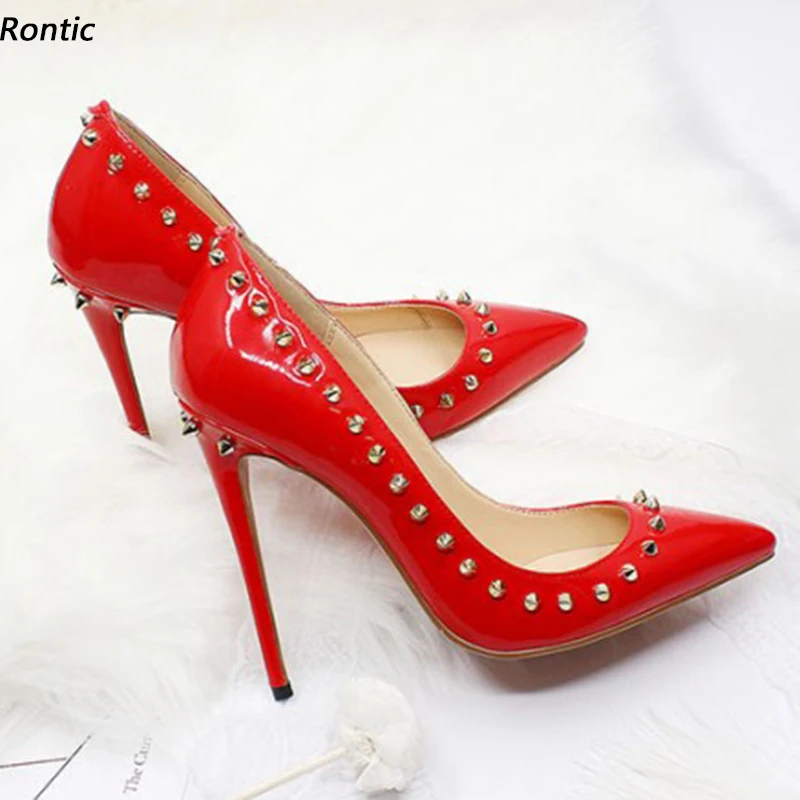 

Rontic Handmade Women Shiny Pumps Patent Leather Studded Stiletto Heels Pointed Toe Pretty Red Dress Shoes US Size 5-15