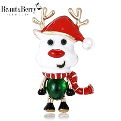 Beaut&Berry Cute Enamel Christmas Cartoon Moose Brooches for Women Animal Pins Friends Party Gifts Banquet Jewellery Accessories