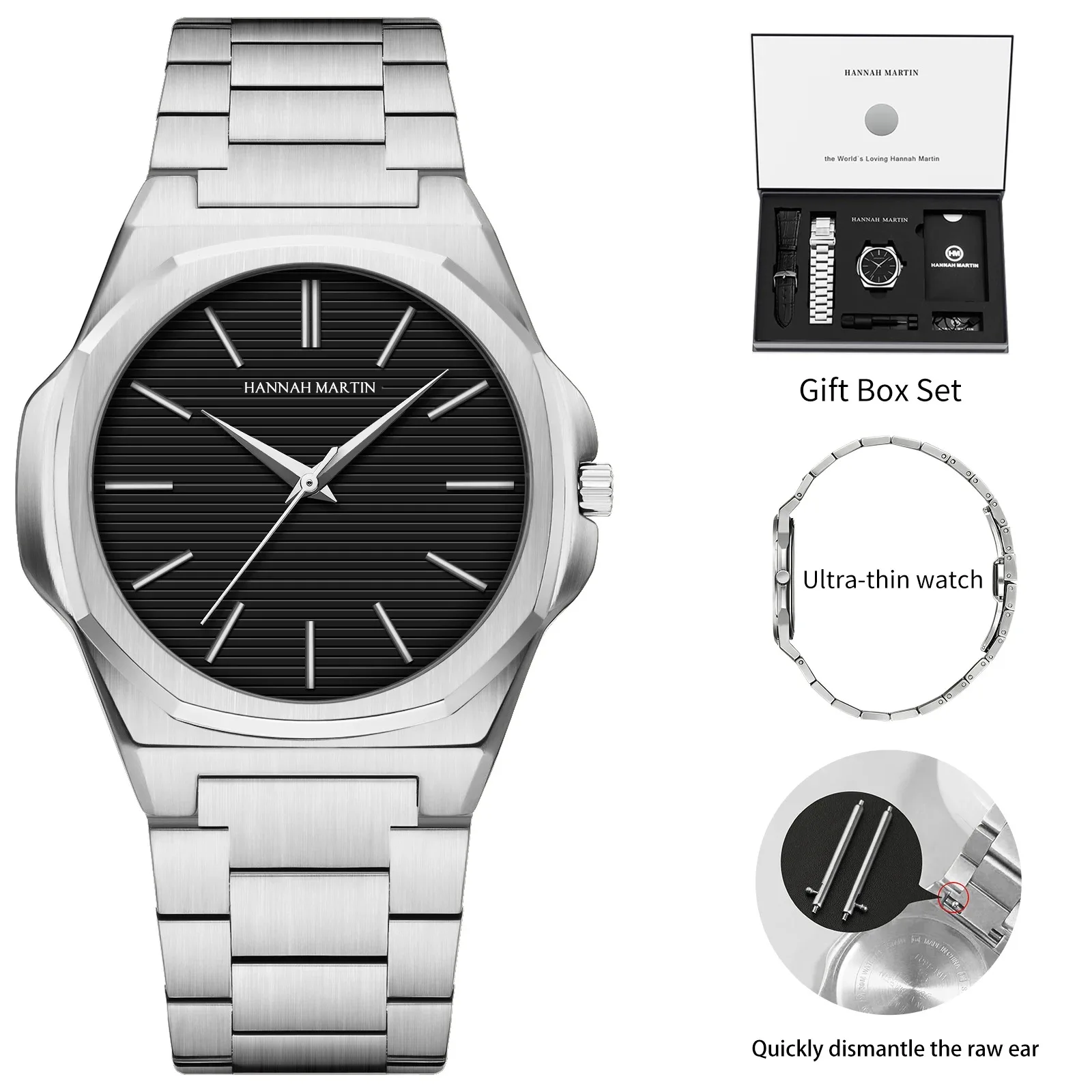 Hannah Martin Quartz Watch Men Hot Ultrathin Japanese Movement Black Steel Business Watch Replaceable Leather AAA Watch Clock