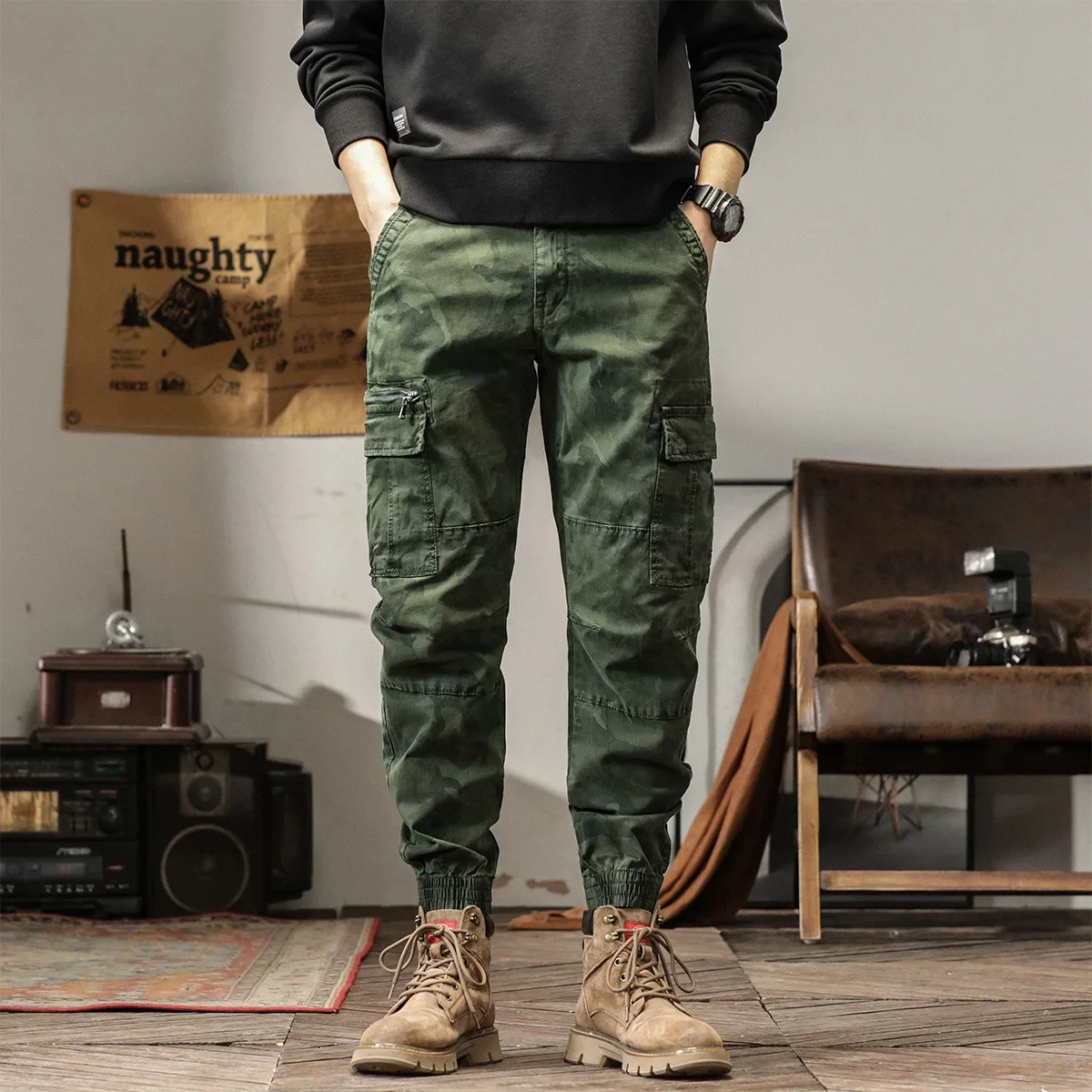 

Side Pockets Zipper Mens Jogger Camouflage Multi Pocket Work Cargo Pants Black Green Jogginghosen Denim Trousers Male Safari