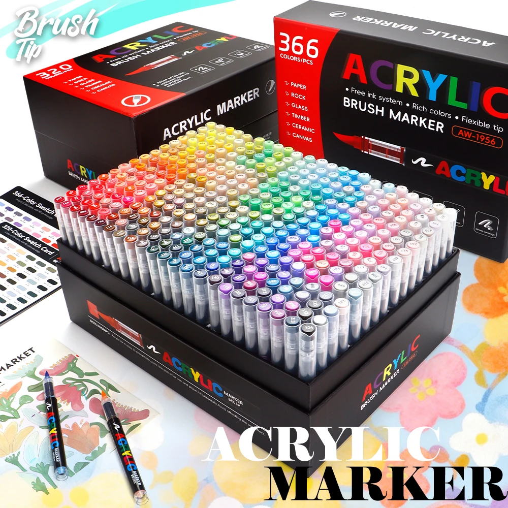 

12/366/408 Colors Acrylic Paint Markers Flexible Brush Acrylic Markers Set for Rock Wood Canvas Stone Painting Art Supplies