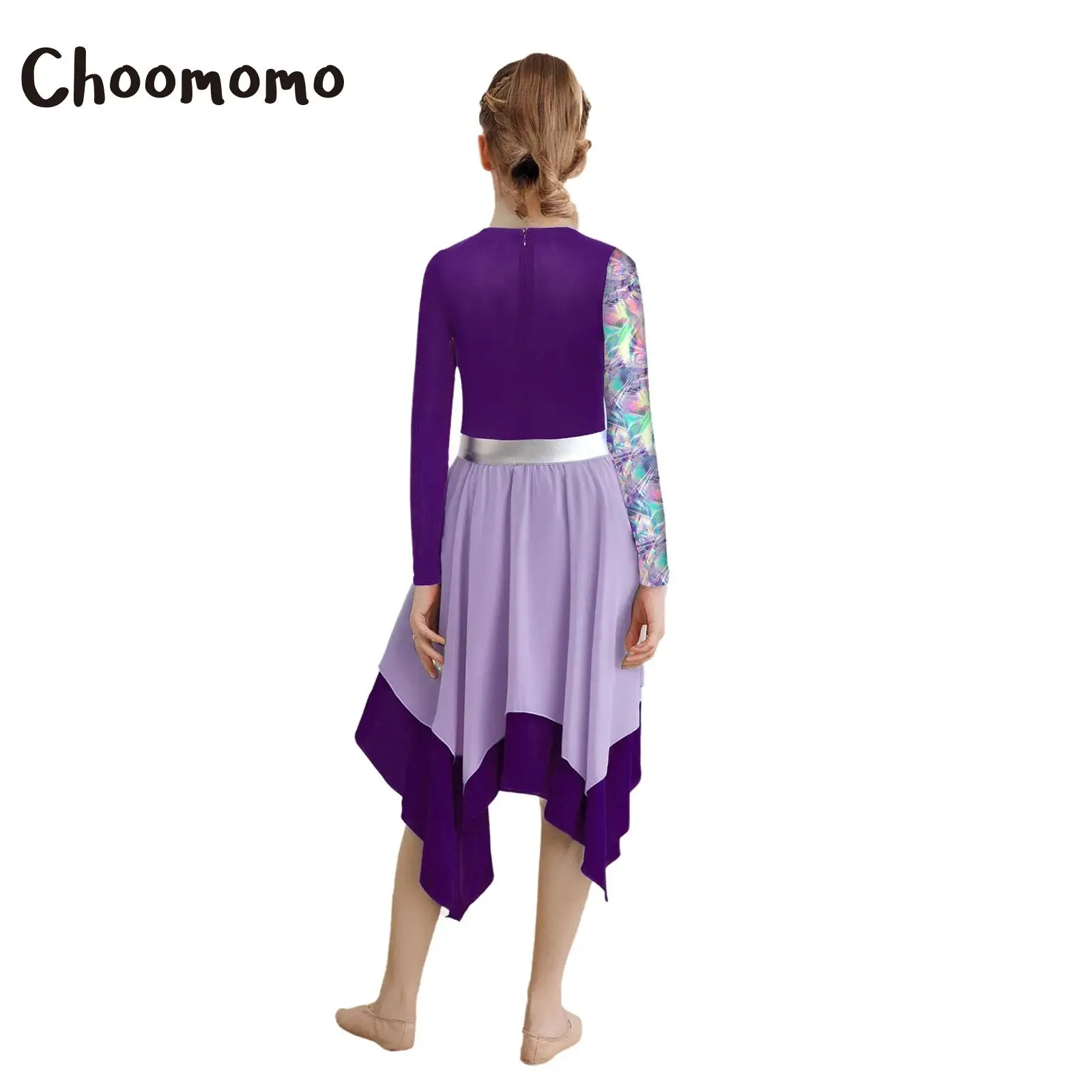 

Girls Long Sleeve Metallic Printed Liturgical Praise Dance Dress Worship Church Choir Performance Costume Ballet Lyrical Dresses