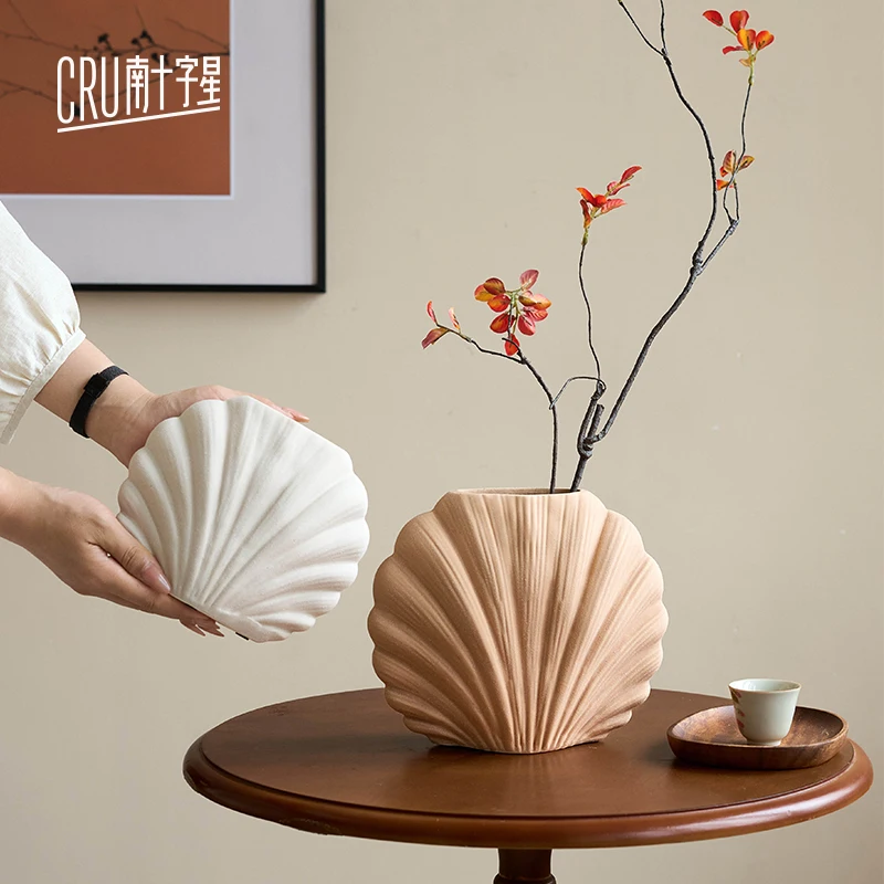 

Shell Dried Flower Vase, Handmade Ceramic Flower Pot, TV Cabinet Decor, Dining Table Decorative Accent, Coastal Ornament