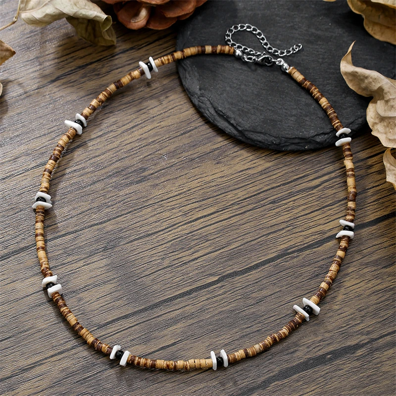 Vintage Ethnic Geometric Gravel Chain Clavicle Necklace Boho Coconut Shell Wood Bead Chain Necklace Men's Neck Jewelry view 2