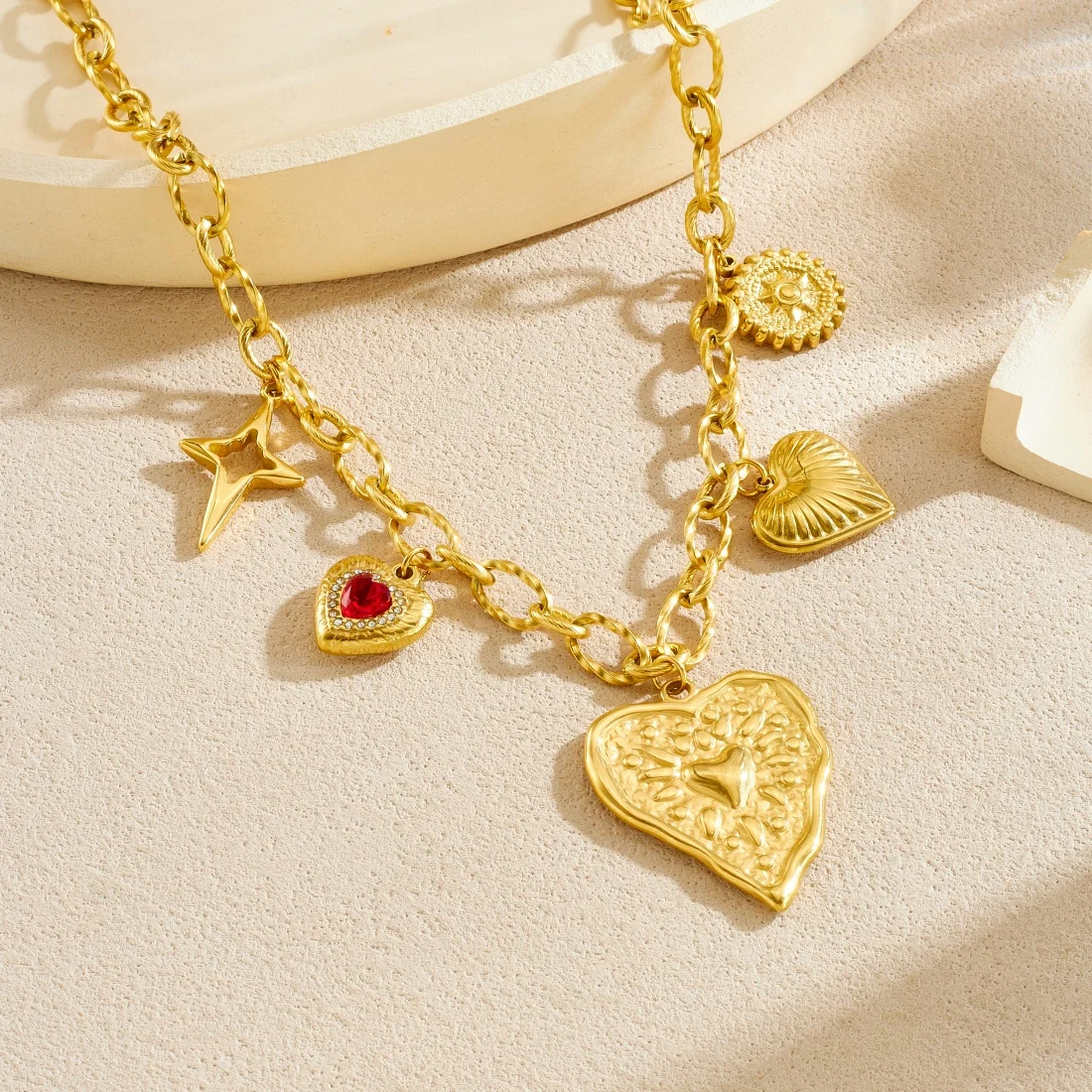 316L Edelstahl Kreative Textur Herz Roller Stern Anhänger Halskette Frauen Trendy Chic Schlüsselbein Kette Schmuck Geschenke