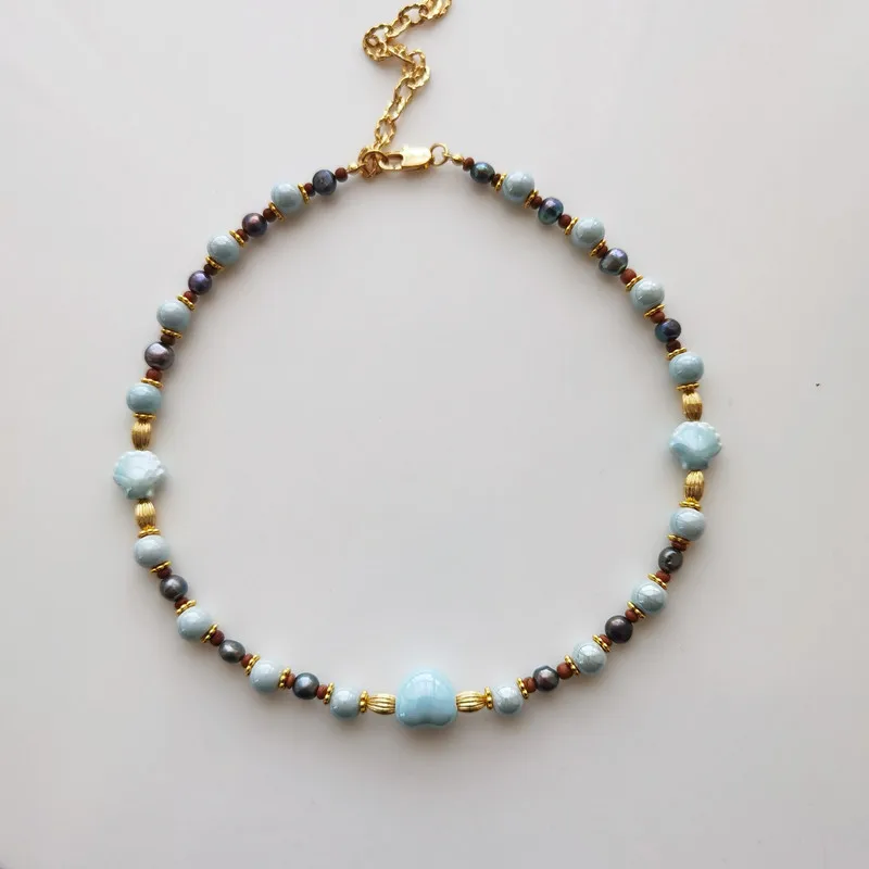2026 New Arrival Spring Summer Light Luxury High-end Blue Ceramic Dark Blue Natural Freshwater Pearl Stitching Necklace Women