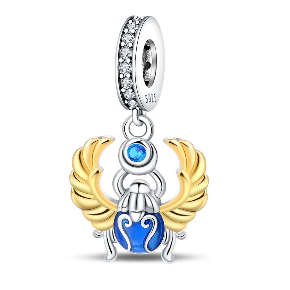 

Trendy 925 Sterling Silver With Golden Wings And Blue Desert Scarab Charm Fit Pandora Bracelet Women's Party Jewelry Accessories