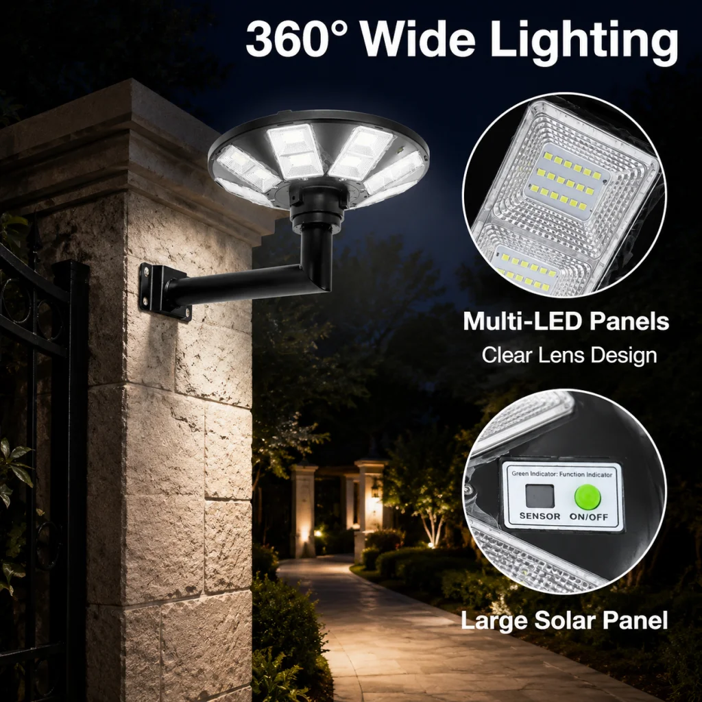 Powerful Solar Wall Lamp round UFO lamp Waterproof With Motion Sensor Automatic Dusk to Dawn Street Light For Garage Garden