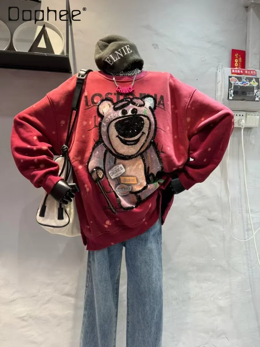 European Goods Heavy Industry Bead Graffiti Cartoon Bear Fleece Thickened Loose Design Sweatshirts Women 2024 Autumn Winter New