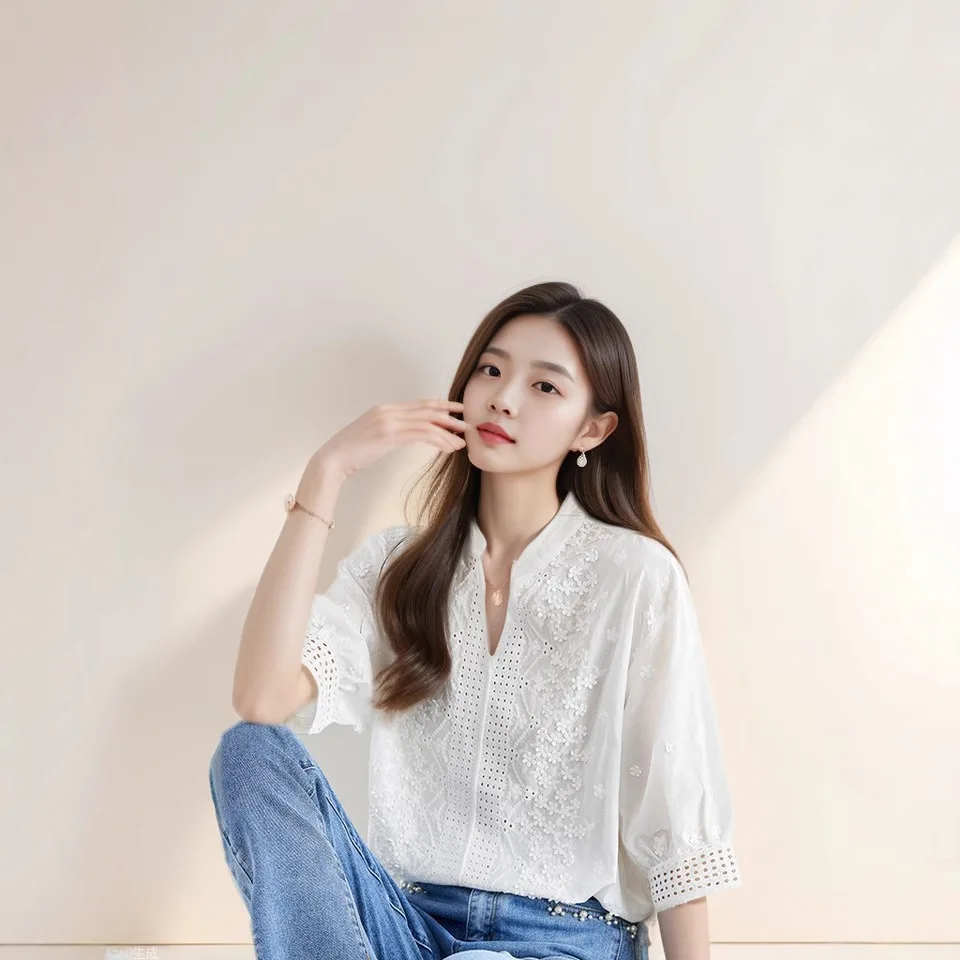 

Ele Embroidered Cotton irt Women's Five-Quarter Sve Summer irt Youthful Beautiful Faionable Gentle Sle Loose Fit