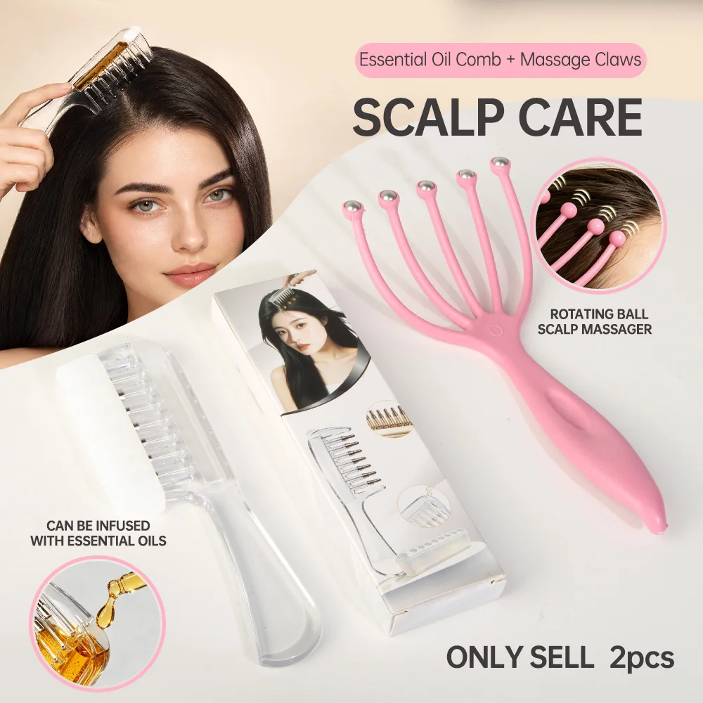 2-Piece Scalp Care Set: Hollow Roller Ball Essence Applicator Comb + Five-Claw Roller Ball Scalp Massager, Transparent Body with Visible Remaining Amount, Hair Care Essential Oil, Beard Oil, Hair Root Applicator, Scalp Relaxation Tool, Home Hair Care Set for Men and Women, Essential Oils Not Included