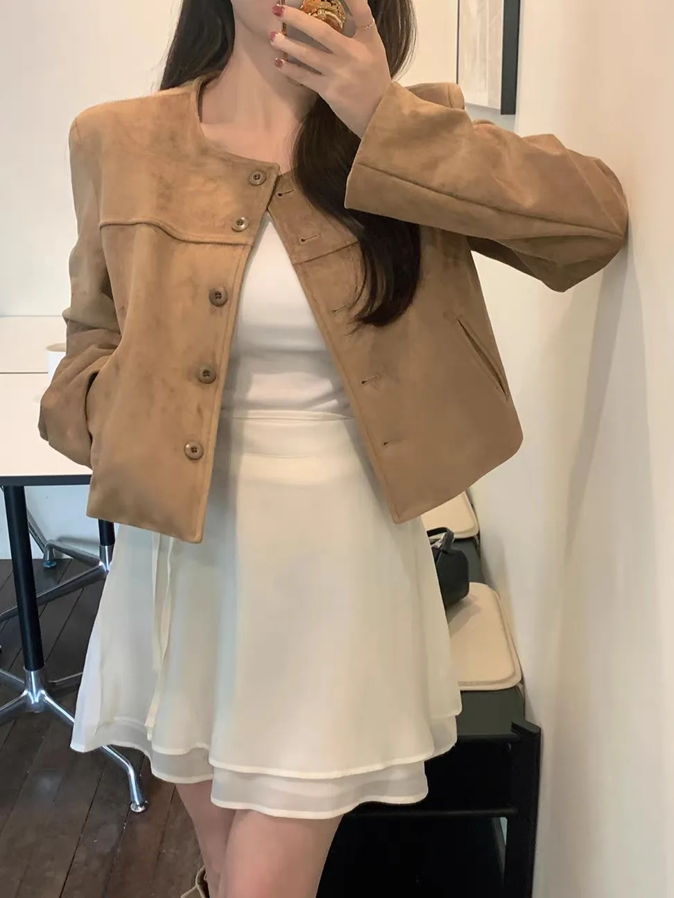 Effetto dimagrante Pelle scamosciata vintage Jaet ort round Ne Top da donna Dongda Gate High End Feel Commute Sle Autunno Inverno Cappotto