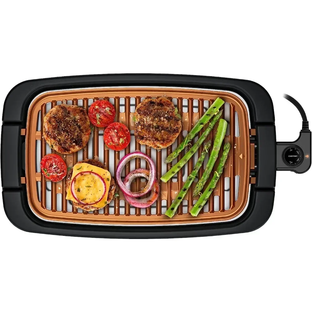 

s%A Smokeless Indoor Electric Grill, Copper, with Adjustable Temperature Control, Nonstick Dishwasher-Safe Parts, Tabletop Gril