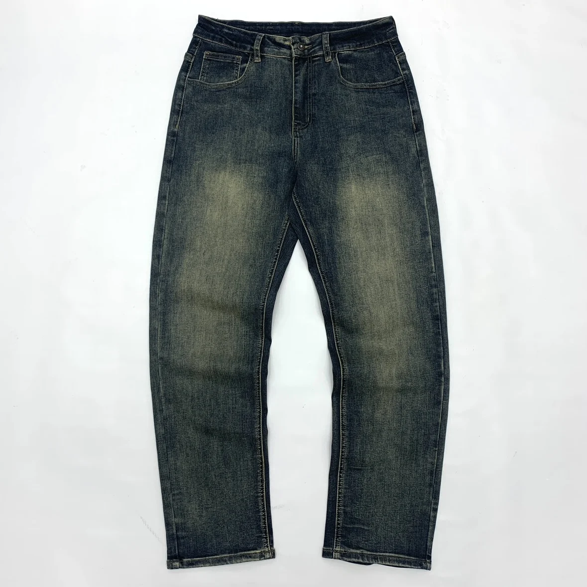 

Men's High-Stretch Amekaji Jeans Heavy Washed Distressed Japanese Retro Style Soft Loose-Fit Straight-Leg Dark Blue Denim Pants