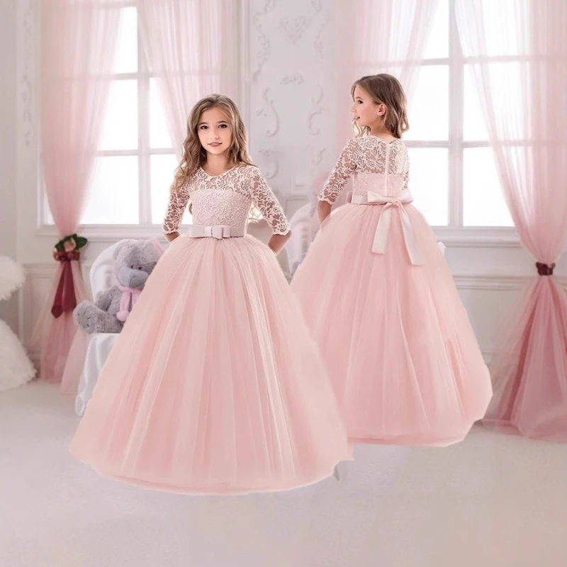 

2025 Hot Selling New Girls' Bow Waistband Waist Cinched Lace Hollow Mesh Puffy Dress