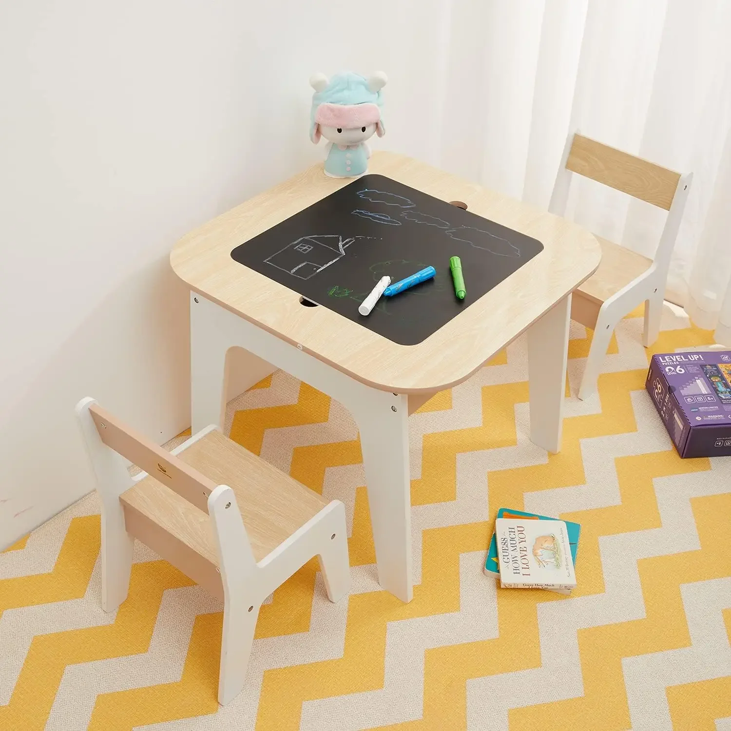 Juego de mesa y sillas de almacenamiento de madera, color blanco, Ideal para aprendizaje de niños, mesa de actividades o comedor, 3 piezas