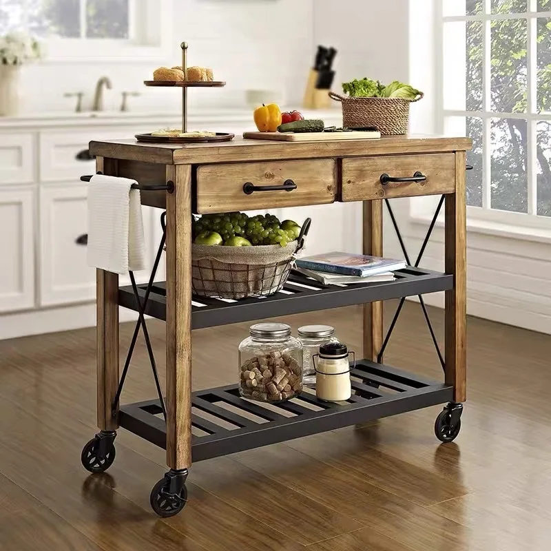American solid wood movable island table household storage sideboard, multi-functional kitchen workbench, wheeled cooking table
