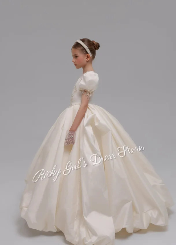 Ivory Short Sleeve Flower Girl Dress Satin Embroidery Kids Beaded Wedding Party First Communion Dress Birthday Ball Gown