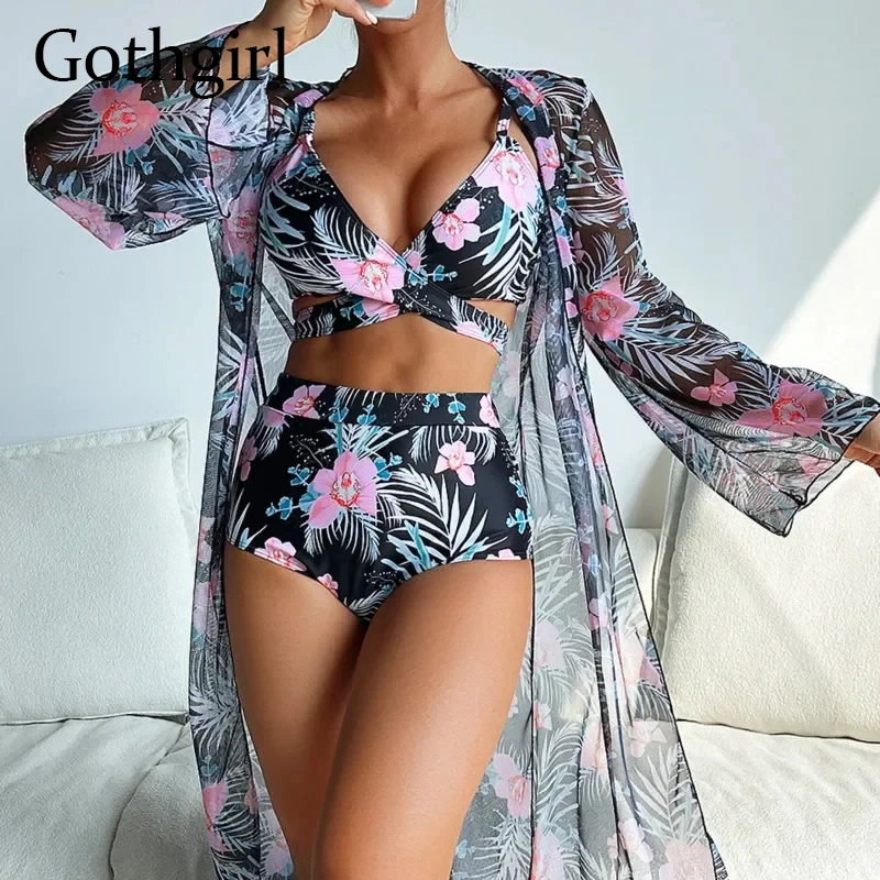 

Gothgirl Summer Three-Piece Set Print Swimsuits Women Push Up Swimwear Beach Wear Bathing Suits Pool Bather Swimming Suit 2024