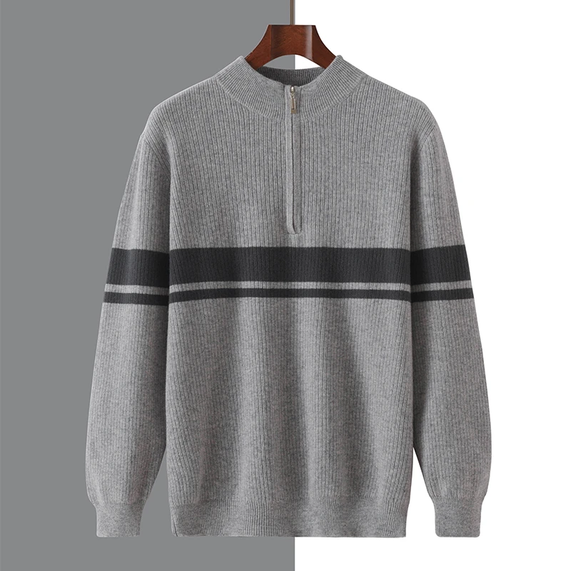 Autumn And Winter New 100% Sweater Semi-High Collar Zipper Sweater Men's Padded Bottoming Sweater Warm Striped Sweater Top.